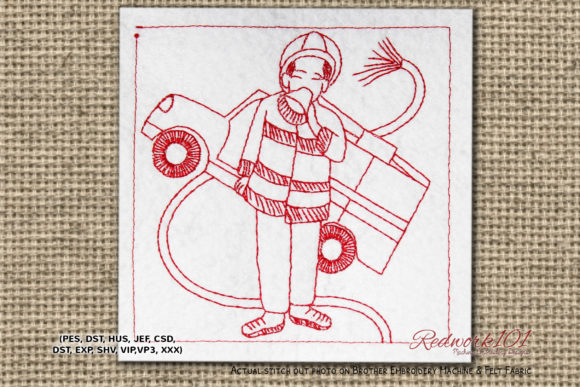 Fire Fighter with Fire Truck Redwork Embroidery Review